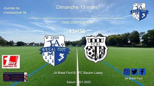 FootJa's tweet image. ⚽️ Programme séniors 
Dimanche 13 mars

- Sénior A 15h30 à Bréal : JA Bréal 🆚 Rennes Athletic
- Sénior B 13h30 à Bréal : JA Bréal 🆚 FC Baulon Lassy 
- Sénior C 15h30 à Lassy : FC Baulon Lassy 🆚 JA Bréal