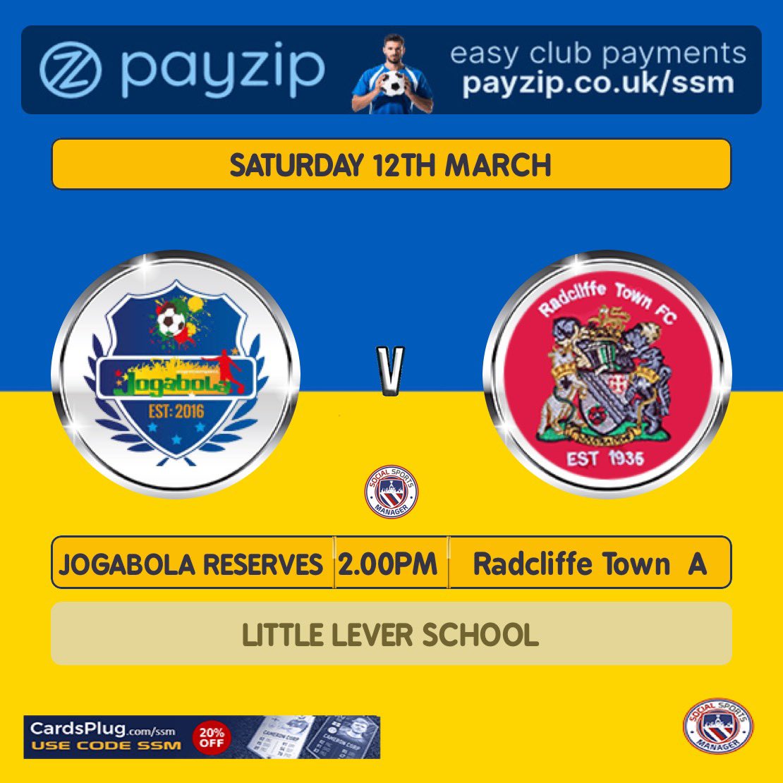 ⚽️THIS WEEKENDS FIXTURES⚽️

All 3 teams on the road this weekend

Firsts away <a href="/BlackrodTown/">Jack Paton</a> 
Reserves away <a href="/Saddleworth3Ds/">Saddleworth3Ds FC</a> 
A team away <a href="/FCJogabola/">Jogabola FC</a> reserves

<a href="/lancsamleague/">Lancashire Amateur League</a> <a href="/BOLTONFMSPORT/">Bolton FM Sport</a>
