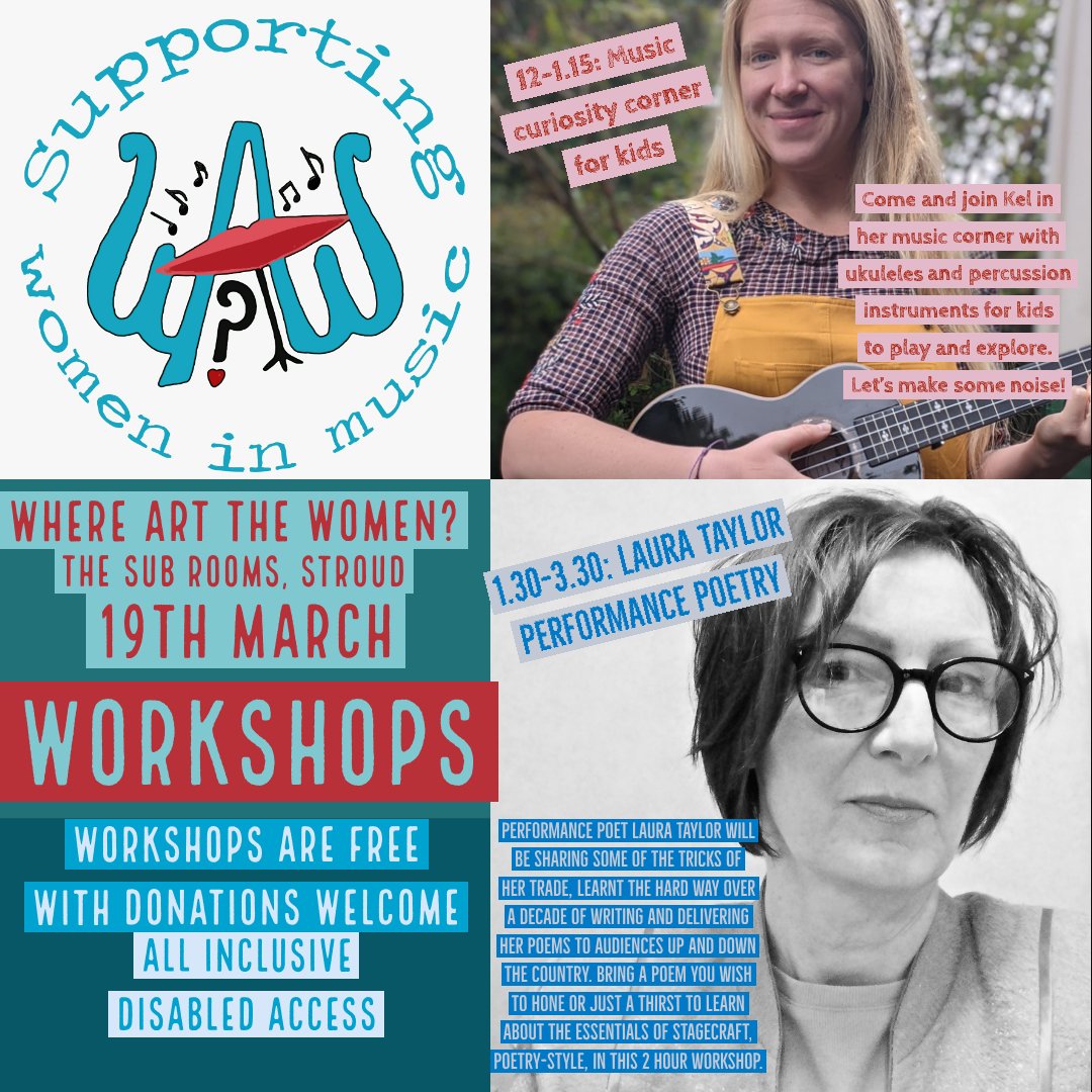 Just some of what's going on in the daytime of our #launchevent in #stroud at <a href="/thesubrooms/">thesubrooms</a> on 19th March. See you there! tinyurl.com/watwlaunch #womeninmusic #womeninthearts #whatsonstroud #gloucestershire #womentakingspaces #womentakingspace #FridayMotivation #supportlivemusic