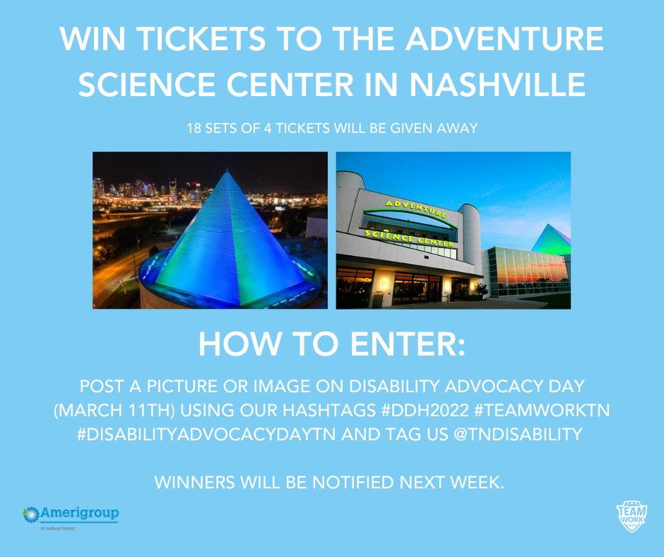 tndisability's tweet photo. Happy #DisabilityAdvocacyDayTN! To kick things off DDH Sponsor @Amerigroup is giving away 18 sets of 4 tickets to @adventuresci to celebrate the newly installed adult changing table. Enter by posting a picture today using #DDH2022 #TeamWorkTN #DisabilityAdvocacyDayTN & tag us! https://t.co/CmzinVB8s8