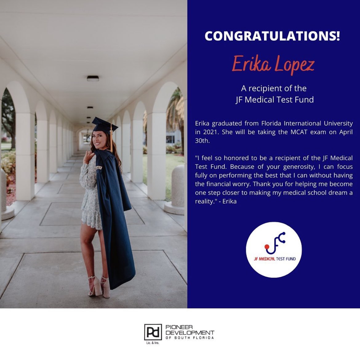 jfmedtestfund's tweet photo. Lunch break post and another MCAT funded! Congratulations to Erika Lopez! We will be supporting her future ambitions of being doctor this upcoming April! 🎉 https://t.co/xQ3as18Chp