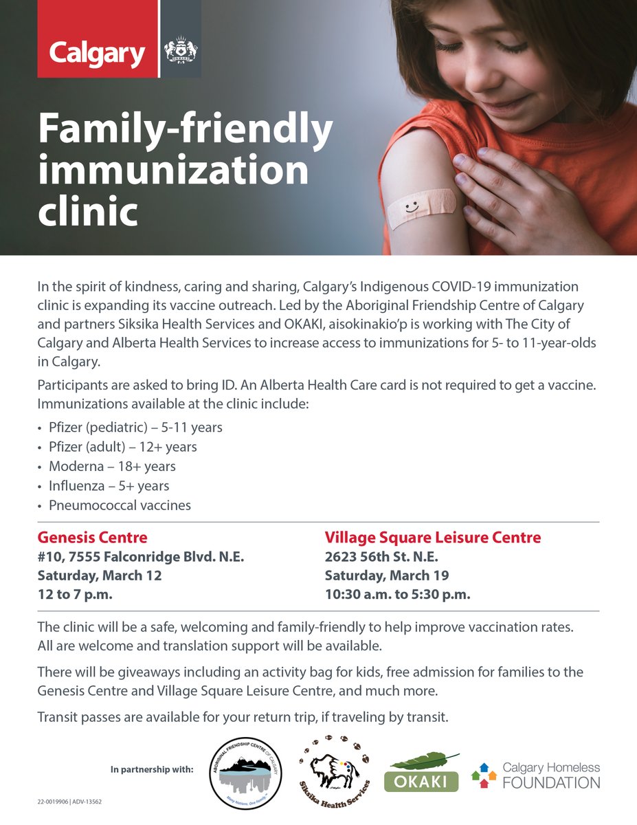 cityofcalgary's tweet photo. Tomorrow is our first family-friendly immunization clinic at @_GenesisCentre. 

➡️ https://t.co/qDx6K6gWUS 

Partners: @AHS_media &amp; Calgary’s Indigenous COVID-19 immunization clinic, Aisokinakio’p, led by @AFCC_yyc &amp; their partners @siksikahealth, @Siksika_Nation &amp; @OkakiHealth. https://t.co/6d0TPj9UuK