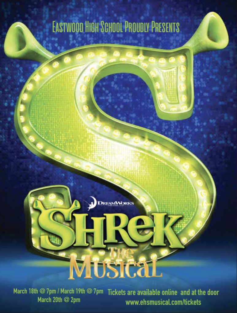 We open in 1 week!!! Get your tickets now for Shrek the Musical! Tickets also available at the door 30 minutes before showtime! <a href="/els_eagles/">Eastwood Eagles</a> <a href="/EastwoodHSBand/">Eastwood HS Band</a> <a href="/EHSEaglesInfo/">Eastwood Principal</a> 

ehsmusical.com/tickets
