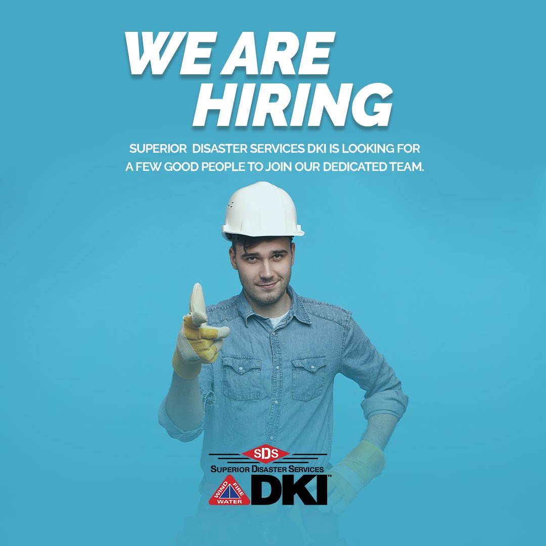 Superior Disaster Services DKI is Hiring hiring for Restoration Technicians, Estimators, Restoration Supervisors, Carpenters and Cleaners.

We offer  competitive pay and great benefits! 
To apply visit bit.ly/3BPDAsN