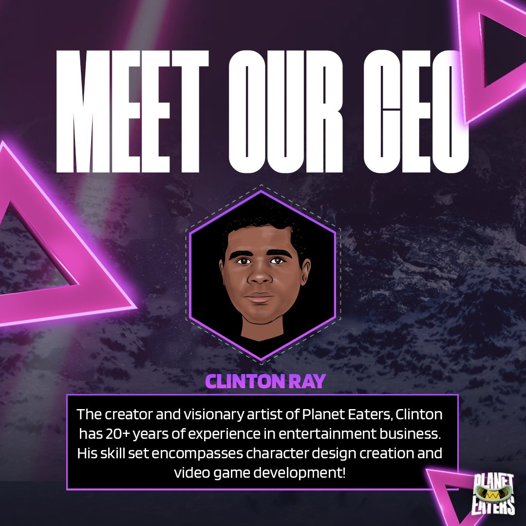 PlanetEatersNFT's tweet image. We are hyped to introduce you to our CEO Clinton Ray! 

He is the creator and visionary artist of #PlanetEaters!  

Head to the link in our bio to learn more about our CEO!  

#BSC #NFTgame #PlayToEarn #DeFi #NFT #GameFi #gaming #blockchain #Metaverse #Crypto