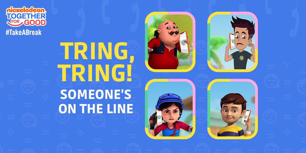 NickIndia's tweet photo. Someone important is calling and we gotta answer! 📞 Psst… you have to #TakeABreak to be ready for this 💙

#TogetherForGood #SomeonesCalling #MentalHealth #StressFree #Motu #Chikoo #Rudra #Shiva https://t.co/0zEZnbMiiS