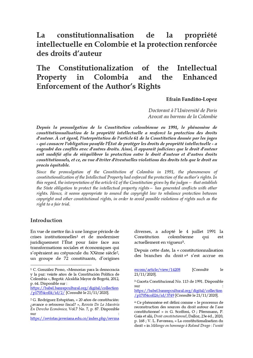 RevueFPI's tweet photo. #RFPI14
⚖️ Découvrez-en davantage sur "La constitutionnalisation de la propriété intellectuelle en Colombie et la protection renforcée des droits d'auteur" dans un article rédigé par Efrain Fandiño-Lopez
👉 https://t.co/w7cnY1NtFx 👈
#RFPI #IP https://t.co/rCCAeTo6cZ
