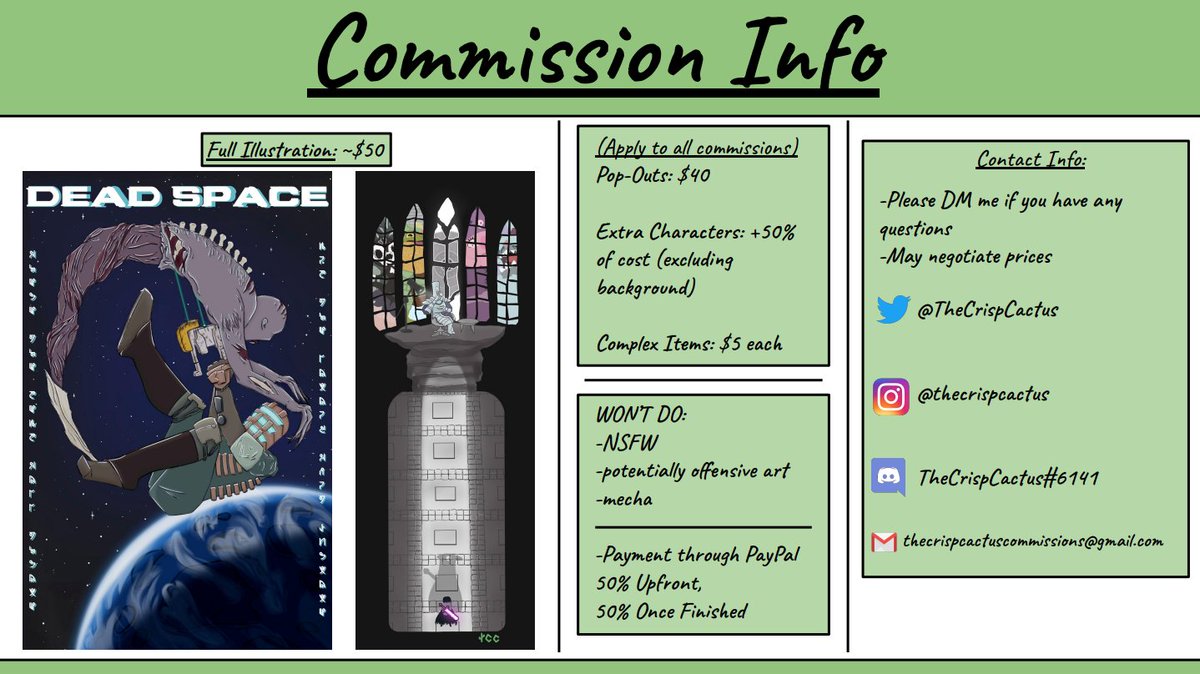 TheCrispCactus's tweet photo. ✨COMMISSIONS OPEN✨
I'm super excited to finally be able to open commission slots! Feel free to DM me if you are interested or have any questions
[ RTs appreciated!! ]
#commissionsopen #Commission #commissions #commissionopen https://t.co/M32s7GJjf5
