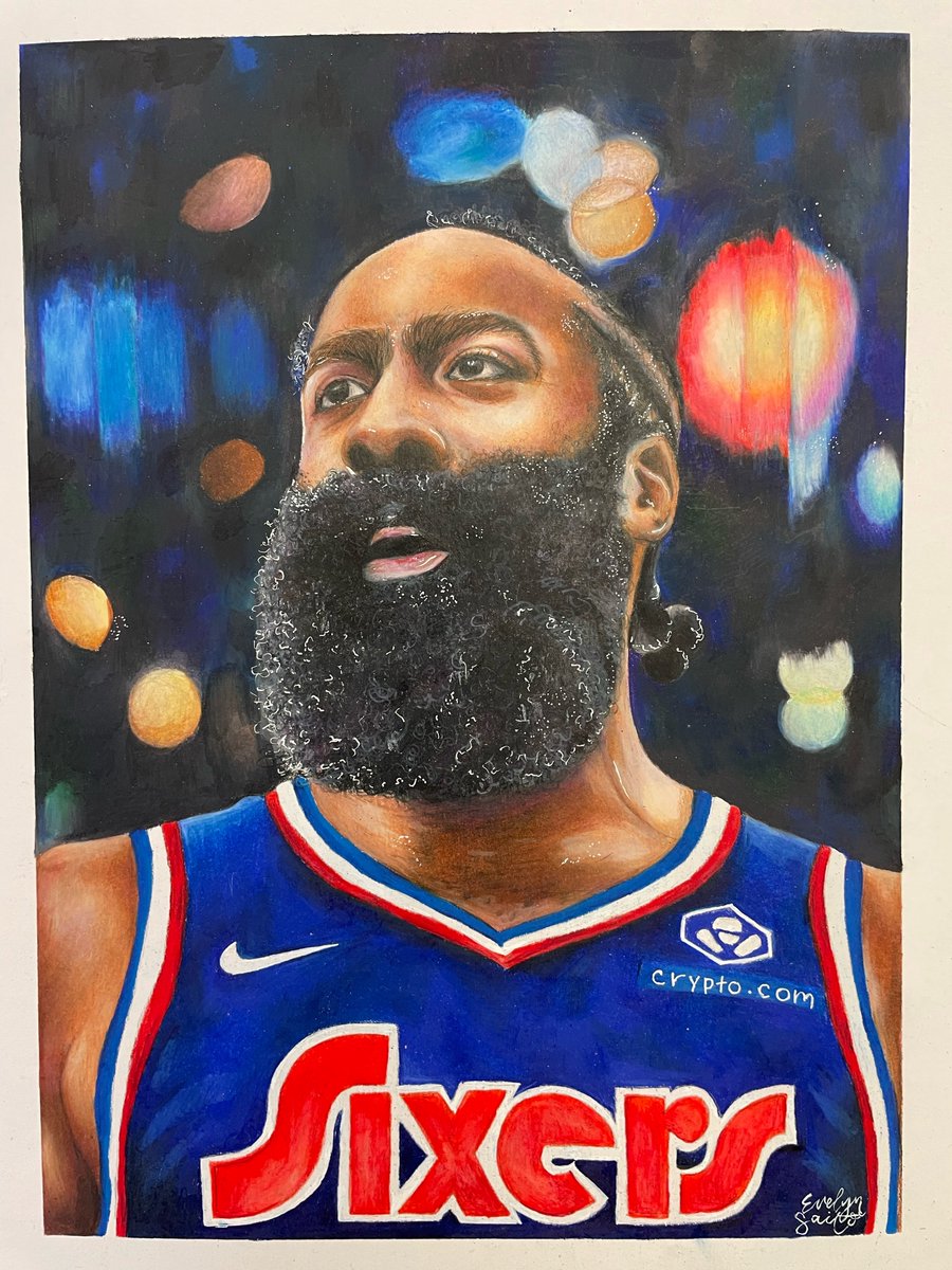 CoachDurbano's tweet photo. @sixers Check out my 9th Grade student Evelyn Saito's amazing artwork.  These colored pencil drawings of @JoelEmbiid and @JHarden13 are 🔥🔥.  Incredible work by an extremely talented 15 year old!! https://t.co/XyI8HnHopB
