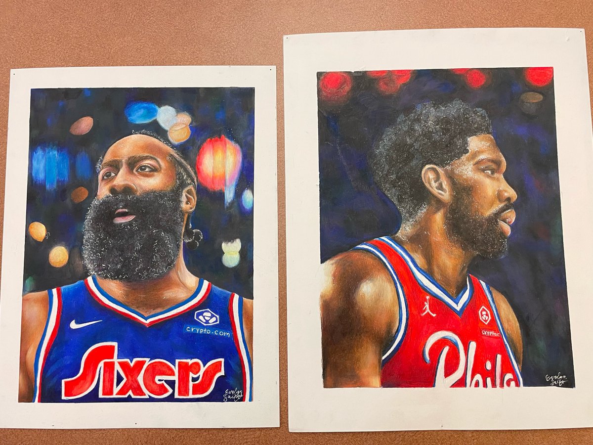 CoachDurbano's tweet photo. @sixers Check out my 9th Grade student Evelyn Saito's amazing artwork.  These colored pencil drawings of @JoelEmbiid and @JHarden13 are 🔥🔥.  Incredible work by an extremely talented 15 year old!! https://t.co/XyI8HnHopB