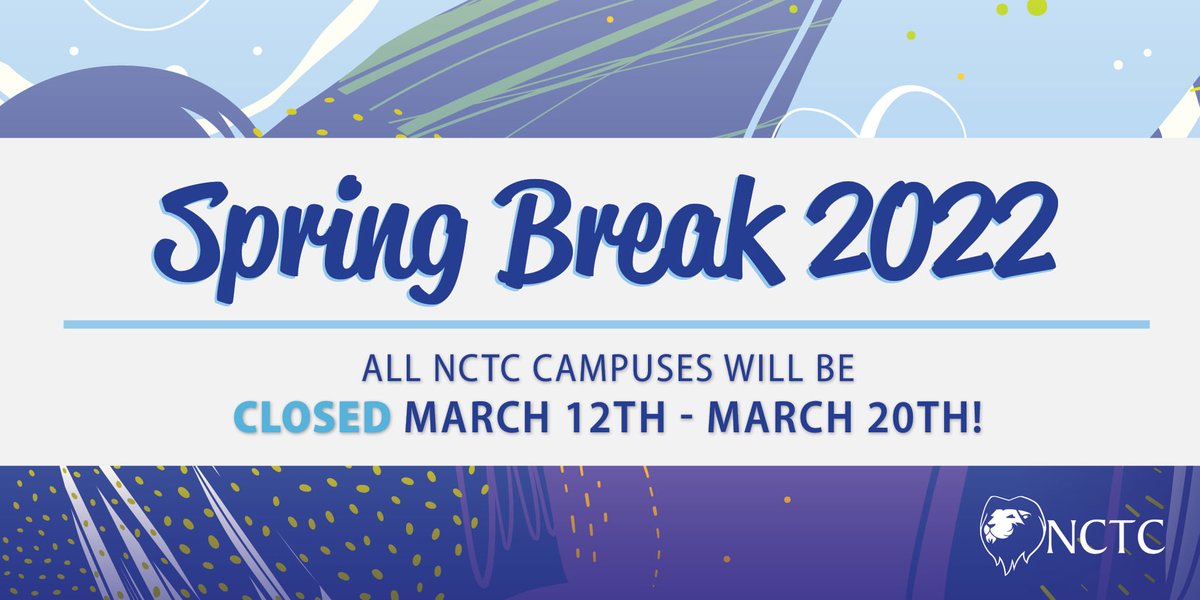 CCatNCTC's tweet photo. Spring Break starts TOMORROW! All campuses will be closed so enjoy your week of relaxation, fun and (hopefully) warmer weather! ☀️
.
We look forward to seeing you again on March 21st, lions!
#NCTC #springbreak #lifeatNCTC #lionpride #completioncenter https://t.co/LojTw92HBW
