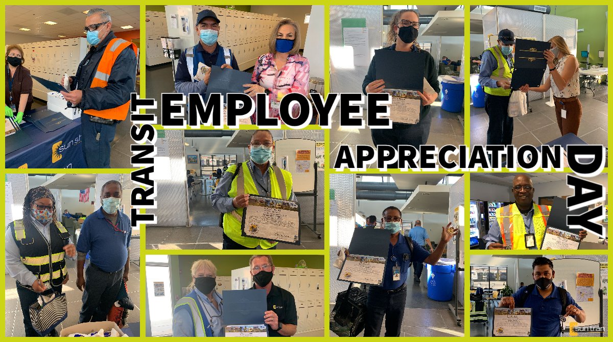 SunTran_Tucson's tweet photo. ⌛7 DAYS⌛
We are counting down to Transit Employee Appreciation Day on March 18! These photos from last year show just a few of our amazing and essential workers. Get ready for more fun this year!
#TransitEmployeeAppreciationDay #TucsonTransit #SunTran #SunLink #SunVan https://t.co/cNvf5csoHi