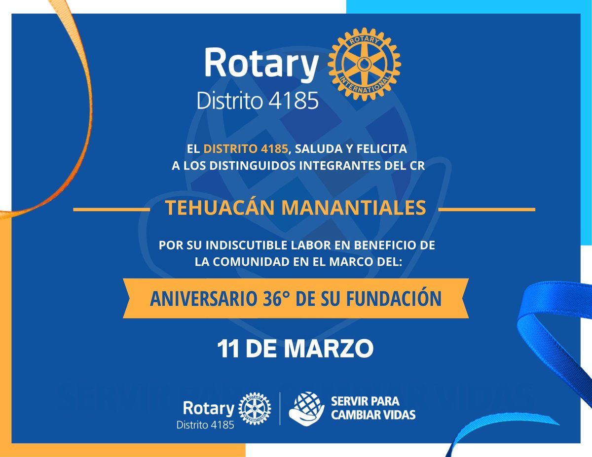 ip_rotary4185's tweet photo. 🌟 Con mucho afecto enviamos nuestras felicitaciones al Club Rotario Tehuacán Manantiales quien celebra el 36º Aniversario de su fundación.
¡Nuestros mejores deseos! 🤗🥳
#Rotary #Distrito4185 #aniversario #Tehuacan https://t.co/CeooG7hyWG