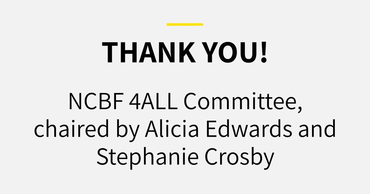 NCBForg's tweet photo. Thank you to the NCBF 4ALL Committee, chaired by Alicia Edwards and Stephanie Crosby, for your work in making this yearβs #4ALLNCBF a success! If you are interested in continuing to improve access to justice in through the NCBF, check out our programs: https://t.co/uC6JzHQtEQ. https://t.co/vqwsuki9GP