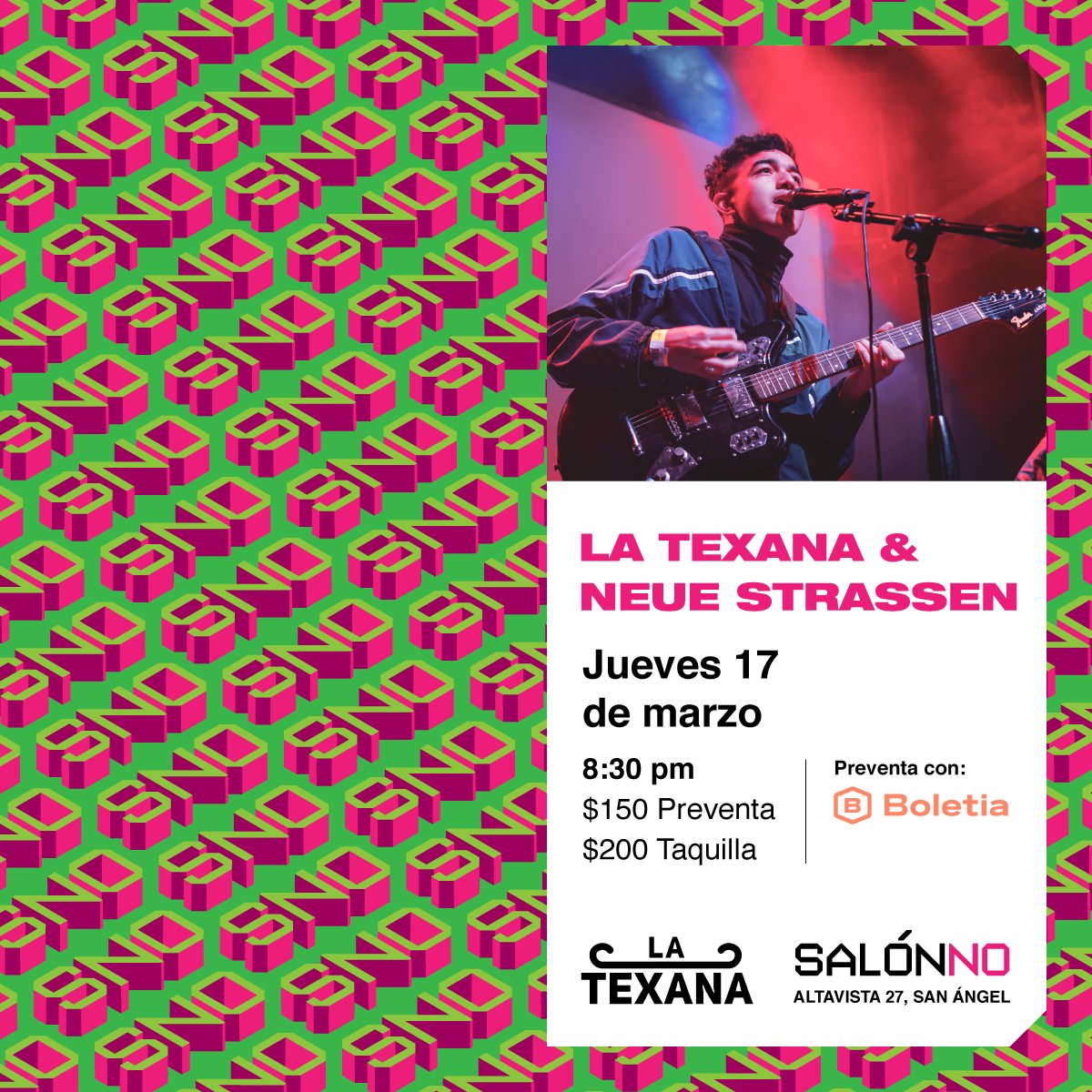Este 17 de marzo compartirán escenario con <a href="/NeueStrassen/">Neue Strassen</a> en #SalónNO.
Te esperamos para disfrutar de una noche de post punk único y original.
Adquiere tus boletos en preventa: la-texana-y-neue-strassen.boletia.com