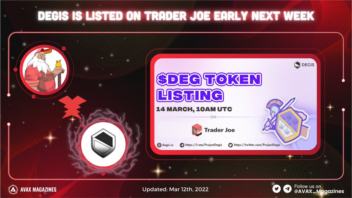AVAX_Magazines's tweet photo. The $DEG token will be first listed on 
@traderjoe_xyz 

🗓️This event is happening early next week at 
10am UTC, March 14th.

📌Let's countdown in the next 2 days

#AVAX_Magazines #Avalanche  $AVAX #Degis #TGE https://t.co/yVCNOPyAlA