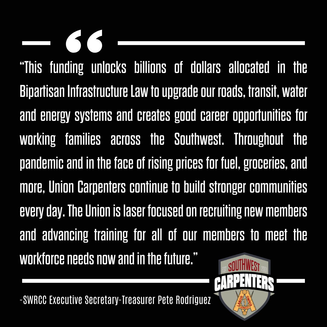 WSCarpenters's tweet photo. In anticipation of @POTUS signing the bipartisan omnibus appropriations package passed by Congress, #SWRCC released the following statement from Executive Secretary-Treasurer and CEO Pete Rodriguez.

#SWCarpenters #BuildBetter #UnionStrong #Brotherhood #Sisterhood #WeBuildAmerica https://t.co/iPNY0wYvEM