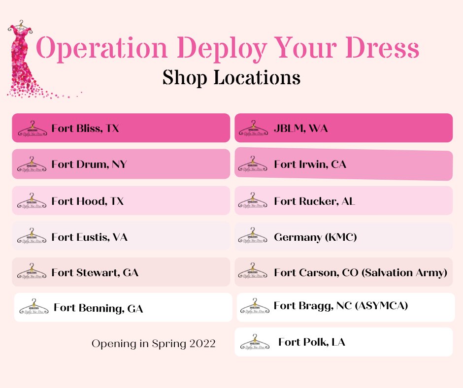 ODYD2017's tweet photo. ODYD is coming to Fort Polk-Operation Deploy Your Dress and opening Spring 2022! β€ We now have 13 shops around the world deploying America's Patriotism One Dress at a Time! #militaryfamilies #militaryspouse #militarycommunity #odyd #odydnational #nontprofit #womenfounders https://t.co/5nQugl9dsM