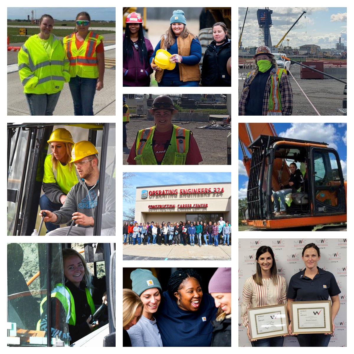 OE_324's tweet photo. Today we close out #WomenInConstruction Week with images of some of our #OE324 Sisters in the field, the classroom, and volunteering.  Thank you to all of the women that help make Operating Engineers 324 the great organization we are!  
#wicweek2022
#OE324STRONG #OE324PROUD https://t.co/4ZLM1KI73B