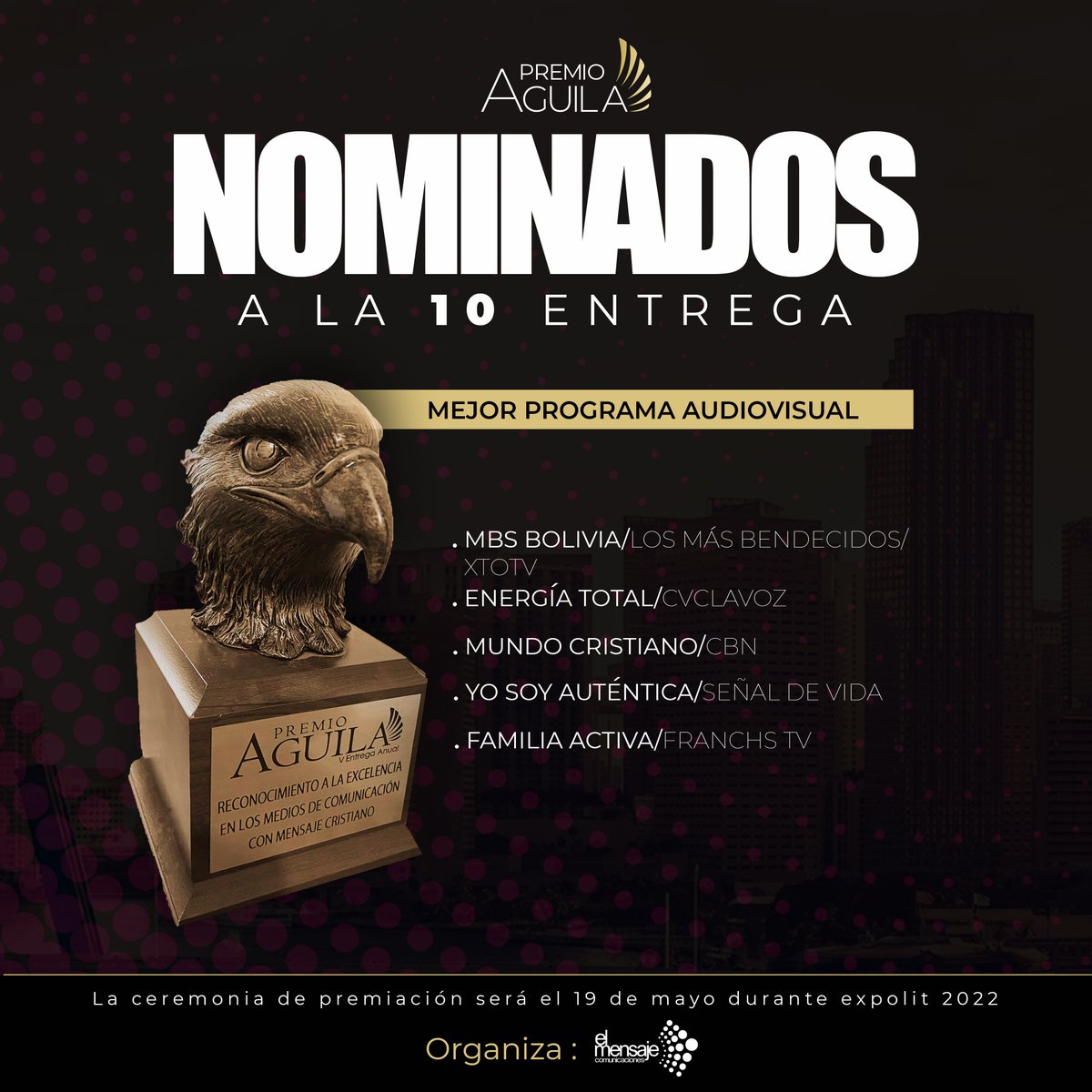 Felicidades a nuestros nominados a Premio Águila 🦅 2022 a la categoría “Mejor Programa Audiovisual” 📺. Los esperamos en @expolitoficial el día jueves, 19 de mayo, en la velada de premiación. #PremioÁguila #FomentandoLaExcelencia 🥳🎶🙌