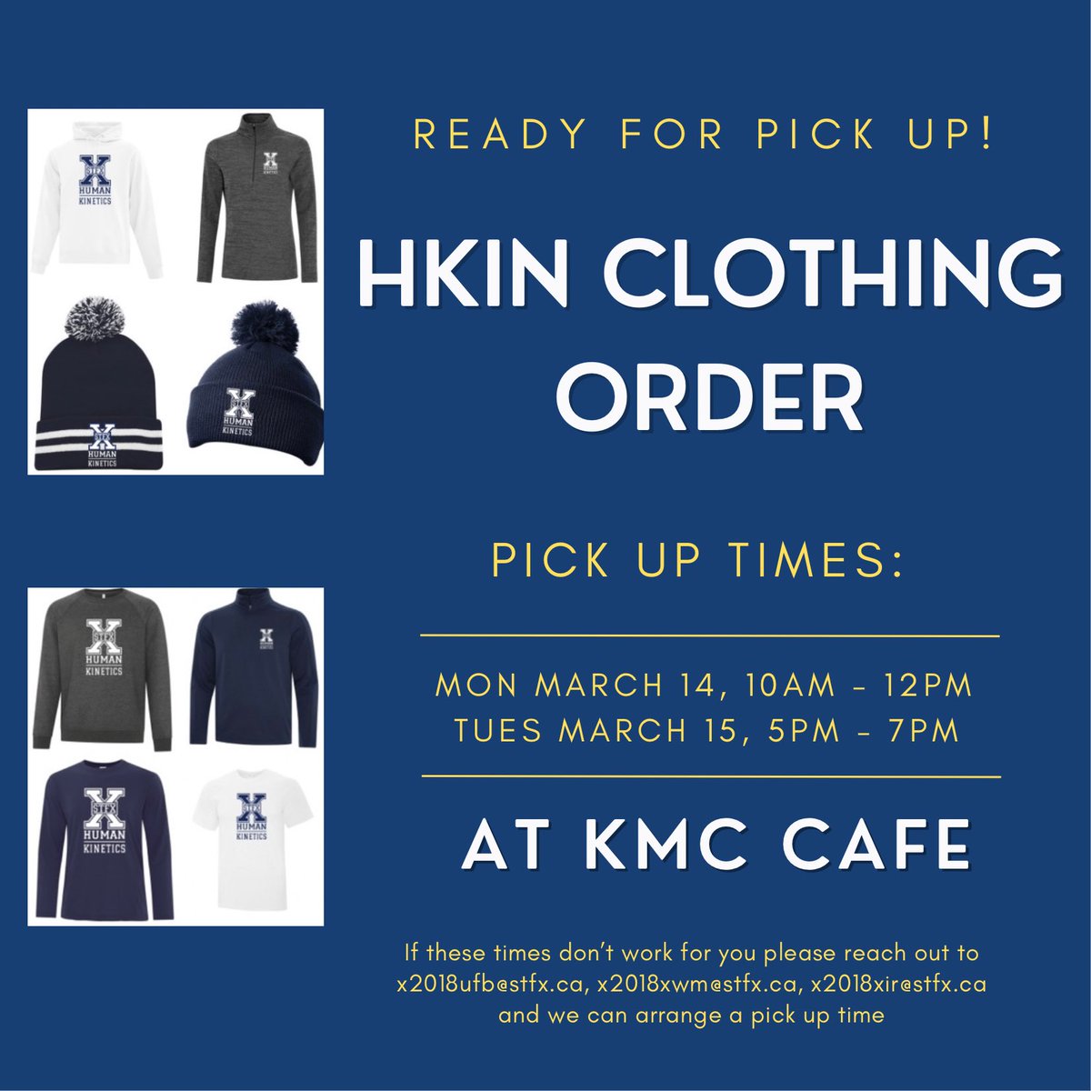 Did you order HKin clothes!?

They are ready for pick up! Pick up times are on Monday and Tuesday at the KMC Cafe.

See you then! 💛