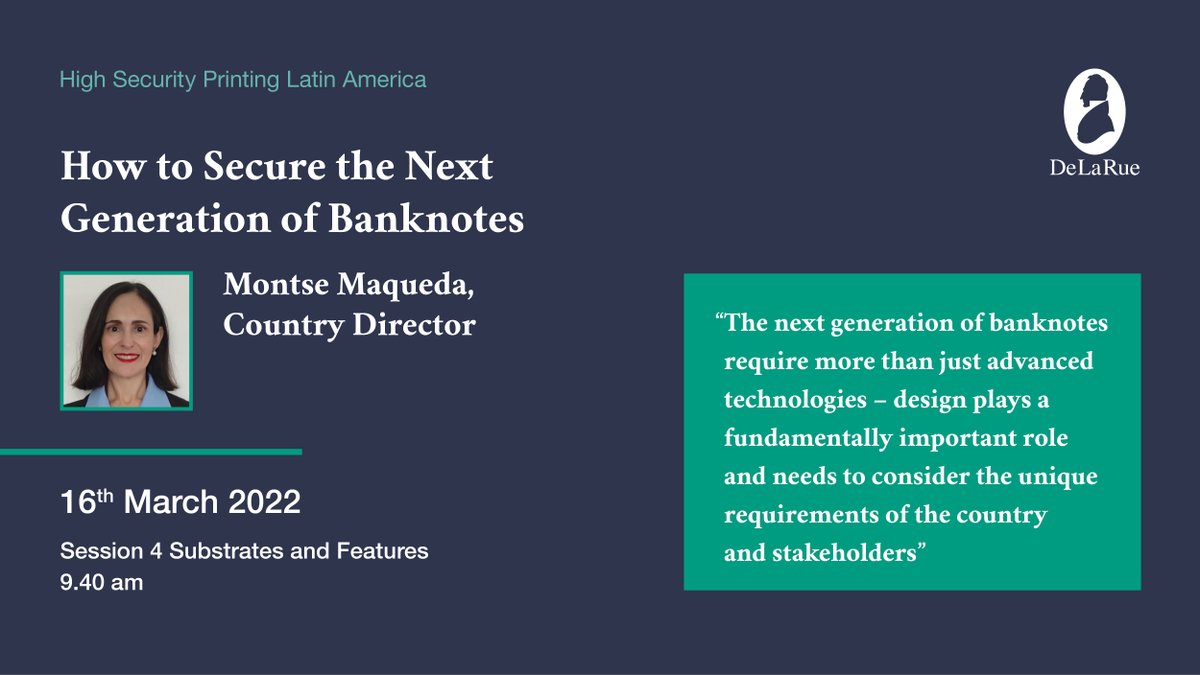 DeLaRuePlc's tweet photo. A great banknote is about so much more than any single technology. 

Visit us on our stand or join us at HSP LatAm in Mexico next week to hear our Country Director,  Montse Maqueda, offer some insights on this topic https://t.co/h9XYYjfYyV https://t.co/eY4ga1SxYW