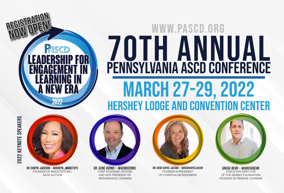 PASCD's tweet photo. We invite you to attend the 70th Annual PASCD Conference Leadership for Engagement in Learning in a New Era to be held March 27-29, 2022 at the Hershey Lodge in Hershey, PA! Registration is still open! 
Go to https://t.co/ILxBRXSEbJ to learn more! 
@ASCD #Learn #Teach #Lead https://t.co/MAPyu0gBFO