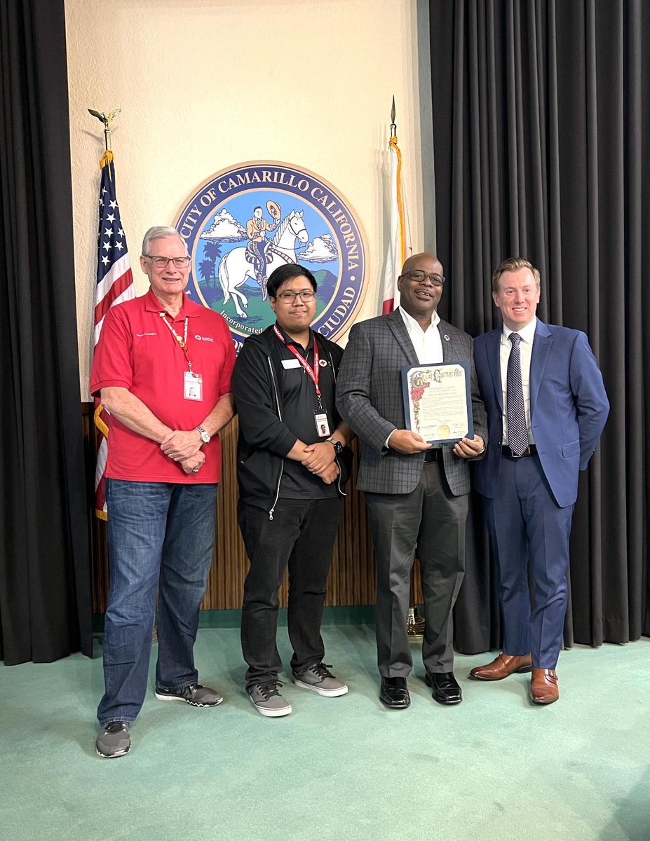 RedCrossCCR's tweet photo. 📣 March is officially Red Cross Month in @CityCamarillo! Thank you to Mayor Shawn Mulchay for bringing awareness to the lifesaving mission of the @RedCross by proclaiming March as #RedCrossMonth.

Together, we can make a difference. Visit https://t.co/UwLWwbWWTU to get involved! https://t.co/rRYEfeGD4Z