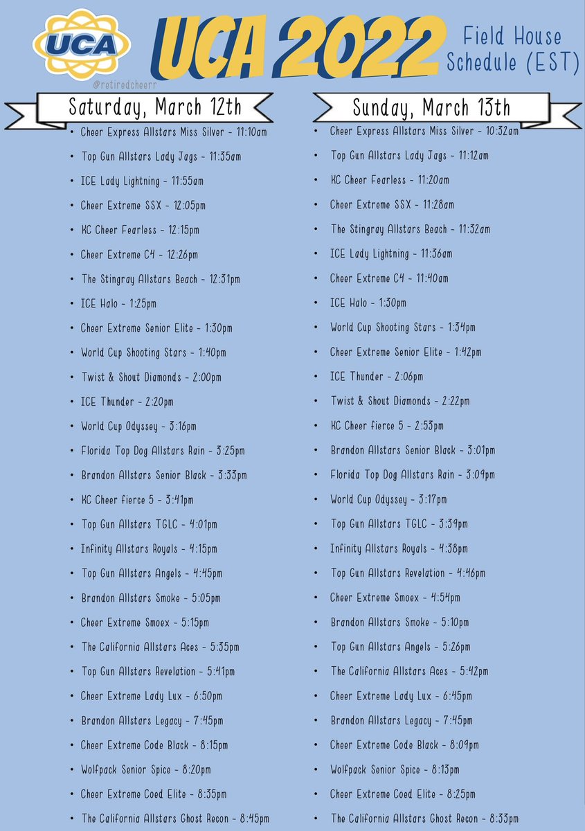 uca field house schedule for saturday &amp; sunday (in est) !!