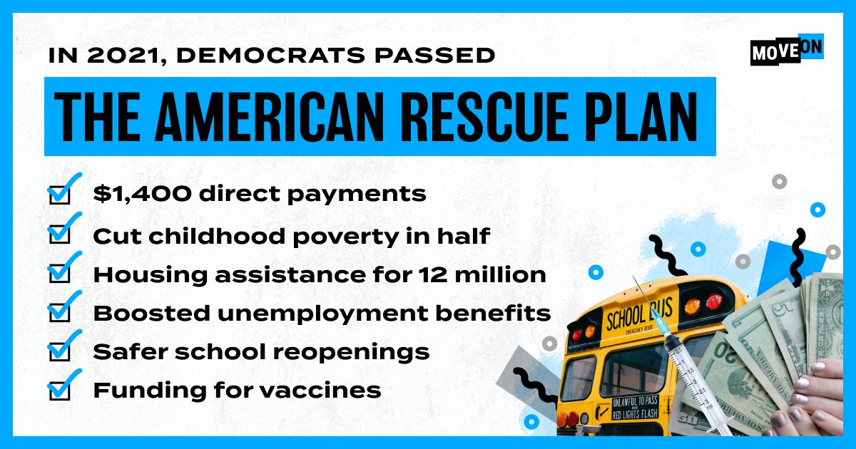 MoveOn's tweet photo. One year ago Biden signed the American Rescue Plan into law that delivered shots in arms, checks in pockets, brought students back in schools and got Americans back to work! https://t.co/e8cb68C6ST