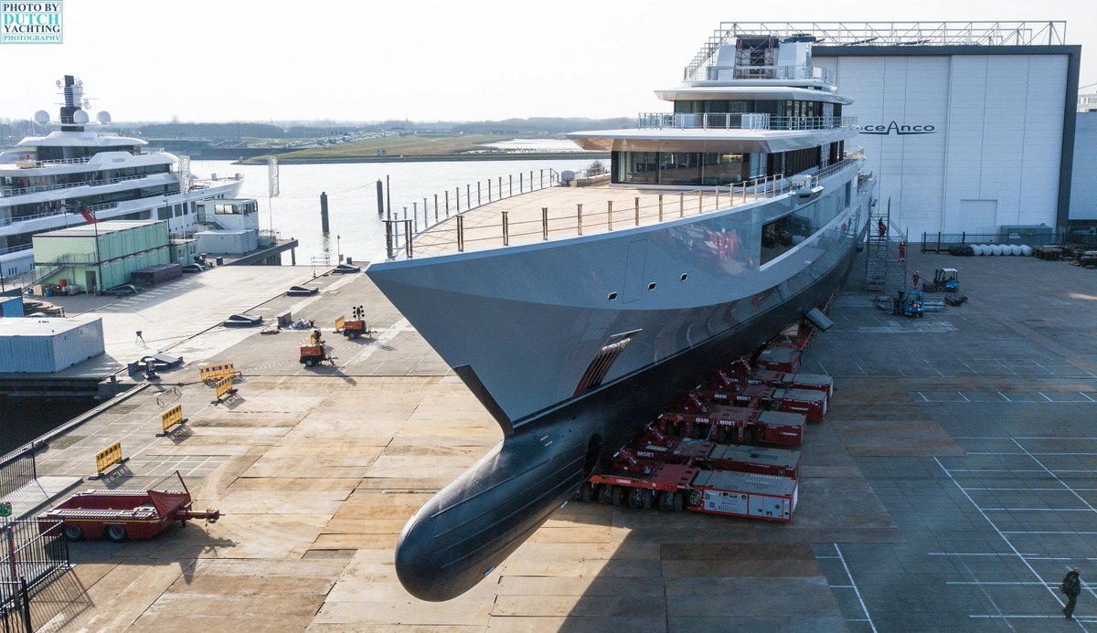 Dutchyachting's tweet photo. #Oceanco launched the 109 / 357'6" #Y720 in #Alblasserdam today. Are you looking at the new #SevenSeas for #StevenSpielberg? For all images: https://t.co/G2kNSo9Wzh Photos by The Nautical Lady &amp; @DutchYachting. https://t.co/3N4y2oRWs5