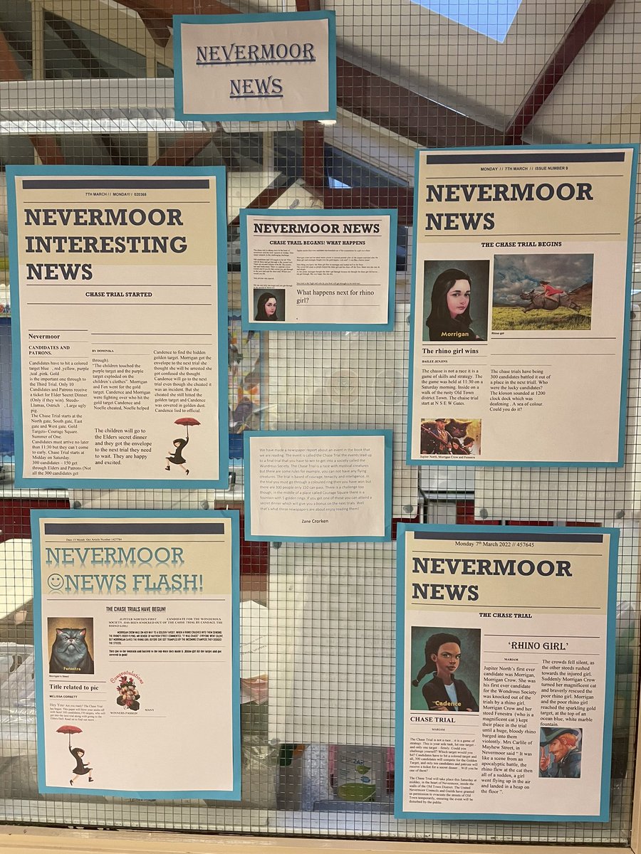 Holytrinityrc's tweet photo. Year 5 have written some fantastic newspaper reports based around the novel, Nevermoor by @digressica #nevermoor #morrigancrow https://t.co/BxLV5uddFC