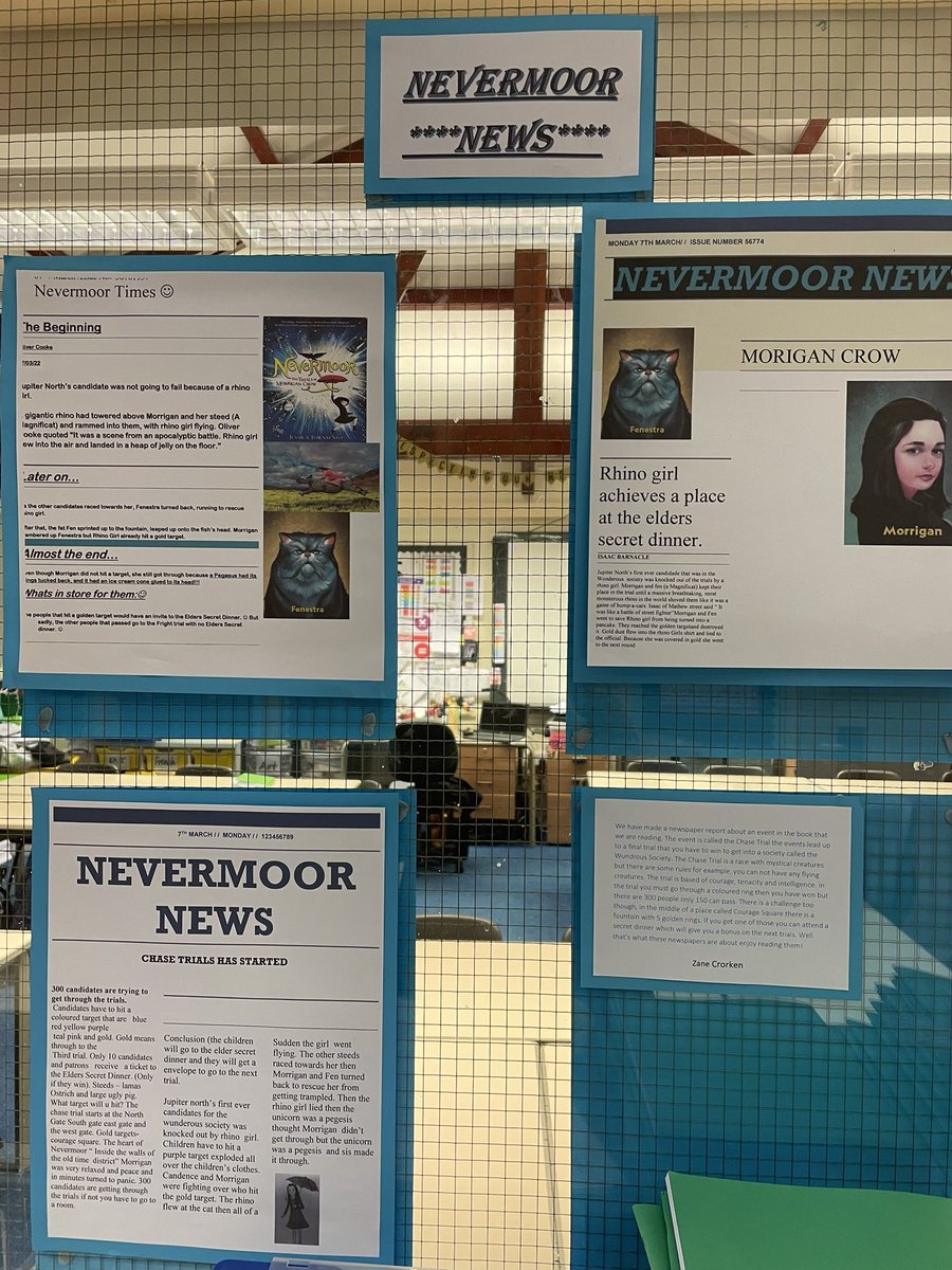 Holytrinityrc's tweet photo. Year 5 have written some fantastic newspaper reports based around the novel, Nevermoor by @digressica #nevermoor #morrigancrow https://t.co/BxLV5uddFC