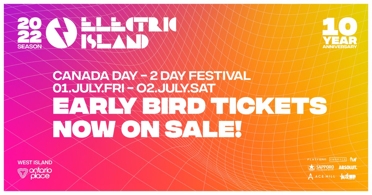 JUST ANNOUNCED: For the first time, Electric Island's Canada Day festivities, on the West Island at Ontario Place, are extended to two days this July long weekend - July 1 &amp; 2.⚡

🎫Early bird 2-day passes are now available!
bit.ly/july2022ei