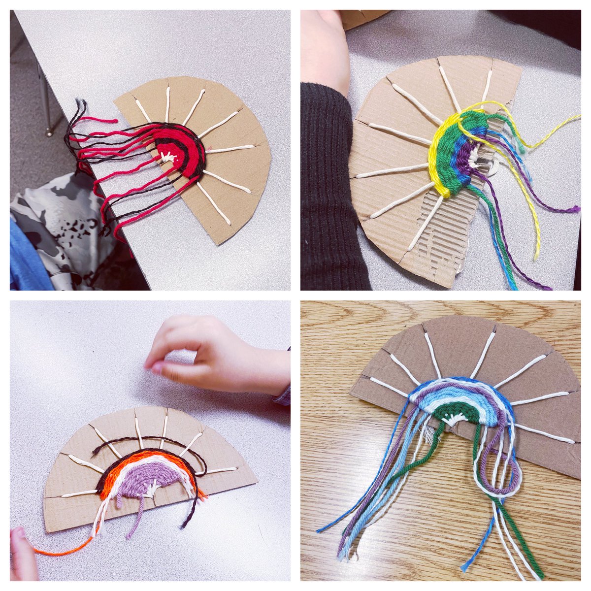 Happy Friday! 3rd grade has been doing a fantastic job with their rainbow weavings and we were able to use recycled cardboard for the loom.  Enjoy! #recycle #artrocks <a href="/HumbleISD_NBE/">North Bend Elementary</a>  <a href="/VisualArtHumble/">Humble ISD Visual Arts</a>