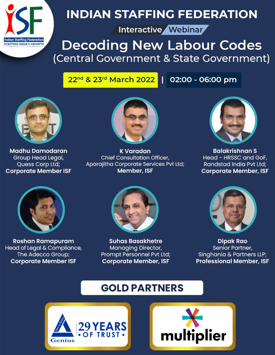 ISF (@isfederation) on Twitter photo Indian Staffing Federation invites you to the next webinar on Decoding New Labour Codes
Register here us06web.zoom.us/webinar/regist…
Partners -
@GeniusConsult
<a href="/BrandMultiplier/">Multiplier Brand Solutions</a>
<a href="/Quess_Corp/">Quess Corp Limited</a>
<a href="/SnPLaw/">Singhania & Partners</a>
#staffingisgood #compliance #webinar #job #brand #consultants #staffing #legal #labour Indian Staffing Federation invites you to the next webinar on Decoding New Labour Codes
Register here us06web.zoom.us/webinar/regist…
Partners -
@GeniusConsult
<a href="/BrandMultiplier/">Multiplier Brand Solutions</a>
<a href="/Quess_Corp/">Quess Corp Limited</a>
<a href="/SnPLaw/">Singhania & Partners</a>
#staffingisgood #compliance #webinar #job #brand #consultants #staffing #legal #labour