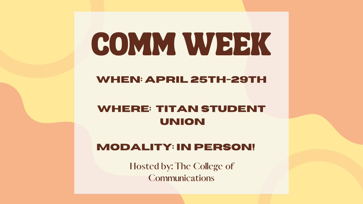 CSUF_CommWeek's tweet photo. Were you wondering what Comm Week is? 🤔
Here's some information that's good to know! 😅
We’re so excited to be hosting our first year back in person 🥳
Let us know any other questions you have about Comm Week!⬇️
#CSUFCommWeek2022 https://t.co/rajKCZlQ6F