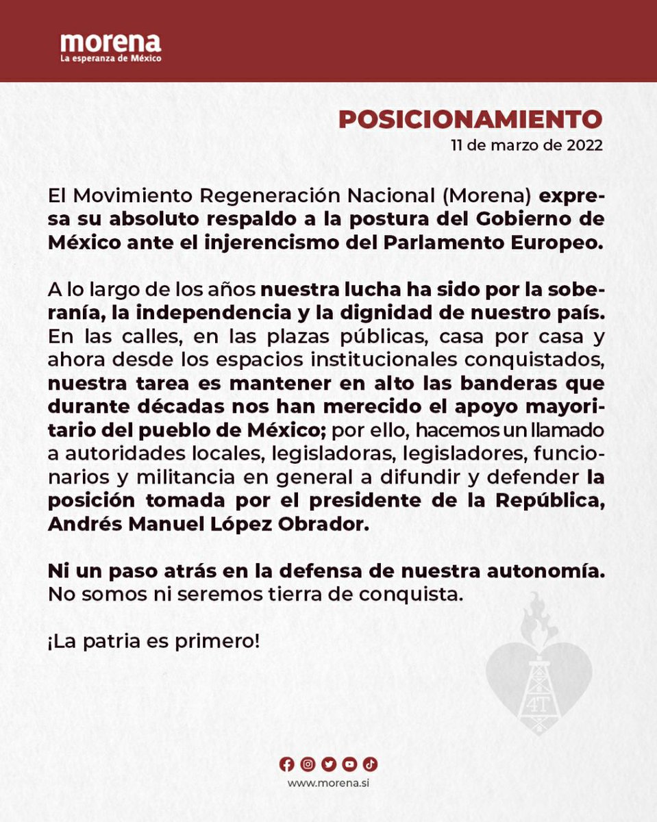 PartidoMorenaMx's tweet photo. Ni un paso atrás en la defensa de nuestra autonomía.
 #MéxicoSoberano https://t.co/uVDJPH7Eg0