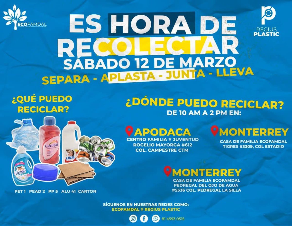 ¡FAMILIA ECOFAMDAL!

Te seguimos agradeciendo tu participación en la campaña de reciclaje  ♻️👍🏼 y te recordamos que este año 2022 serán todos los 2o sábado de mes 🗓 

Incluye  en tus propósitos cuaresmales el cuidado de la casa común🌎