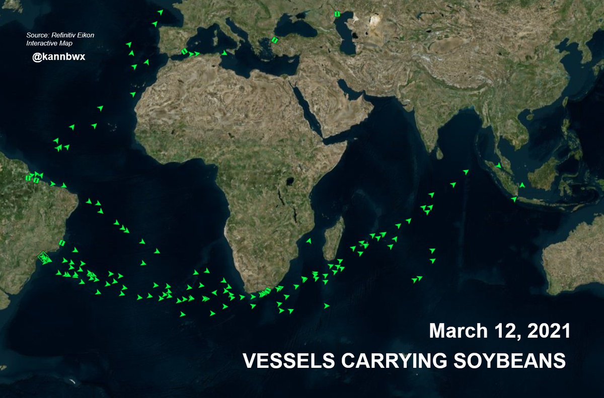 kannbwx's tweet photo. Traffic of #soybeans out of South America on Friday versus last year. Should be busier mid-ocean in this year's shot as Feb. departures out of #Brazil were at least twice last Feb. March 2021 exports were record for the month. https://t.co/ngGM8CoXgZ