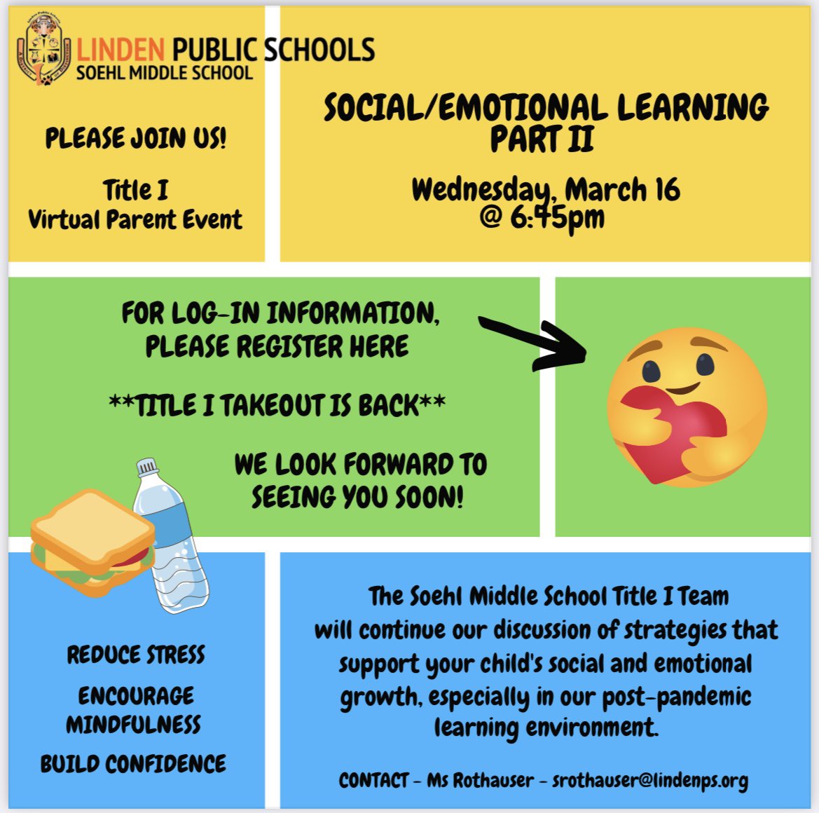 MsRothauser's tweet photo. Please join us next Wednesday evening @SoehlLPS to continue our discussion on important SEL topics… 🙂🧡🖤 #LindenFamily #LindenCares #SEL @principalglong @Grants_Linden @LindenSchoolsNJ @lcvandam @MsPellettiere https://t.co/3jjoQdV5qZ
