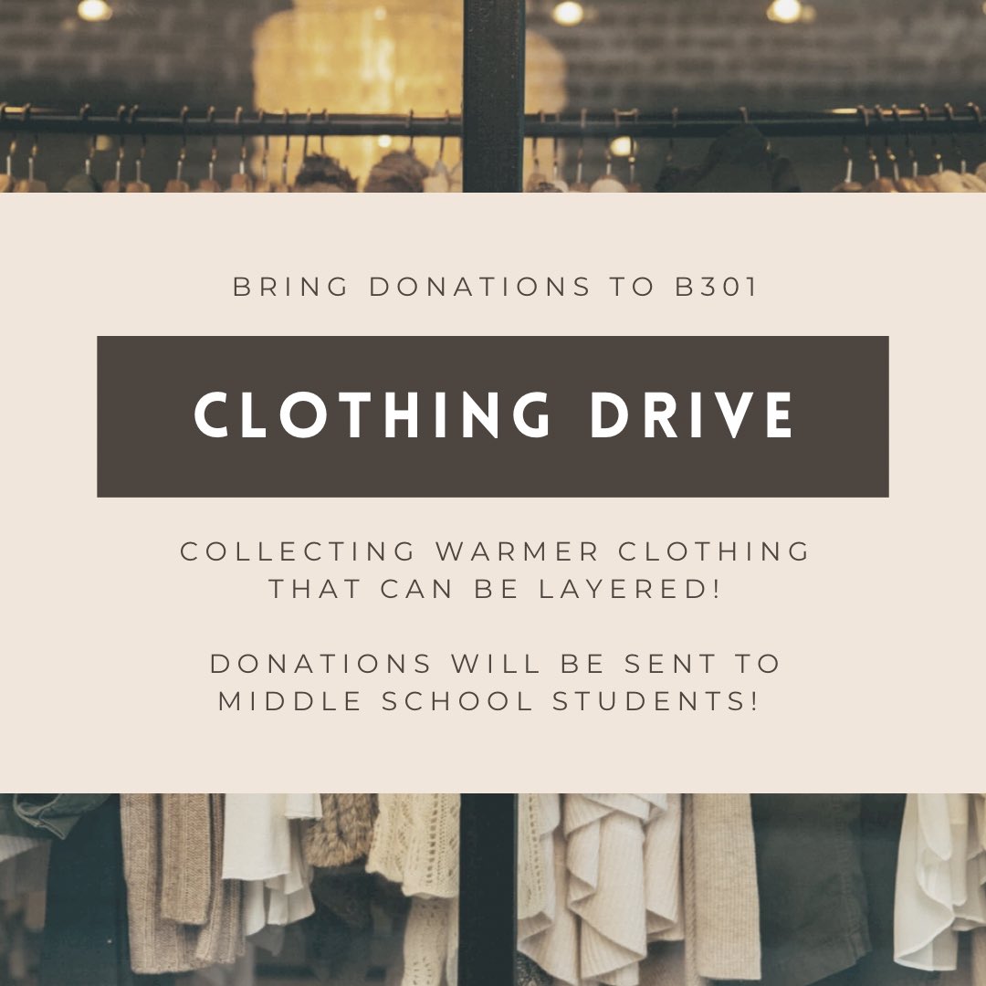 ths_kc's tweet photo. We will be having a clothing drive for middle schoolers! Bring any warm clothing for layering that you wish to donate to B301! #lovetauntonhs @Taunton_Schools @tauntonhstigers https://t.co/f2ric6TG2u