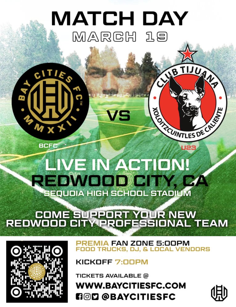 NorCal's own @BayCitiesFC is hosting Club Tijuana's U23 squad next weekend! Use the QR code for tickets