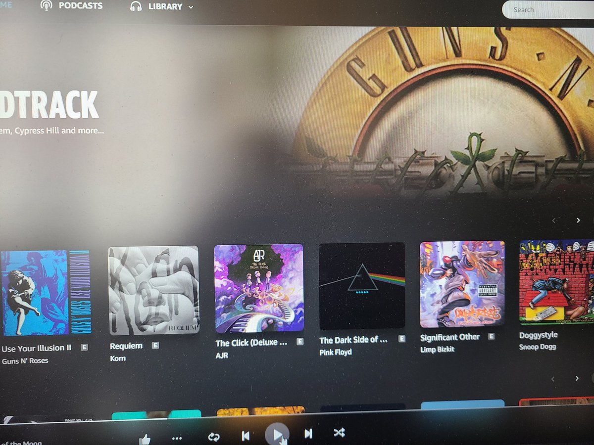 Bobby_Black's tweet photo. I opened up my Amazon music and this is what it shows. Dre, GNR, Korn, AJR, Lump Bizkit, Pink Floyd, Snoop and Twenty One Pilots. It's a good day for chilling to some music. https://t.co/EGuKv6xvQP