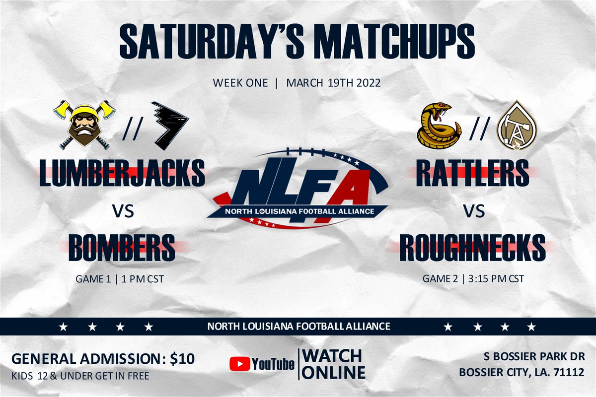 NLFAFootball1's tweet photo. Next Saturday the NLFA 2022 season opener begins with two action-packed 9-man tackle football games! Don't miss out! General admission is $10, children 12 and under get in FREE. #NLFA2022 #TheNextLevelExperience #NorthLouisianaFootballAlliance https://t.co/bcj7DM8G0W
