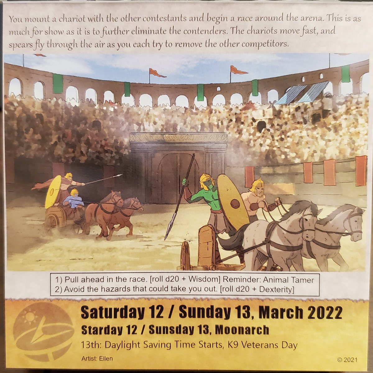 midashand's tweet photo. Now it's off to the races! Talk about adrenaline pumping! 

Z takes an early lead with ease, but becomes a target because of it! [17]

She barely manages to hang on, dodging spears and crashed chariots for the win! [15]

Three more points!
#ttrpg #QuestCalendar @SundialGamesLLC https://t.co/YMPcT89r18