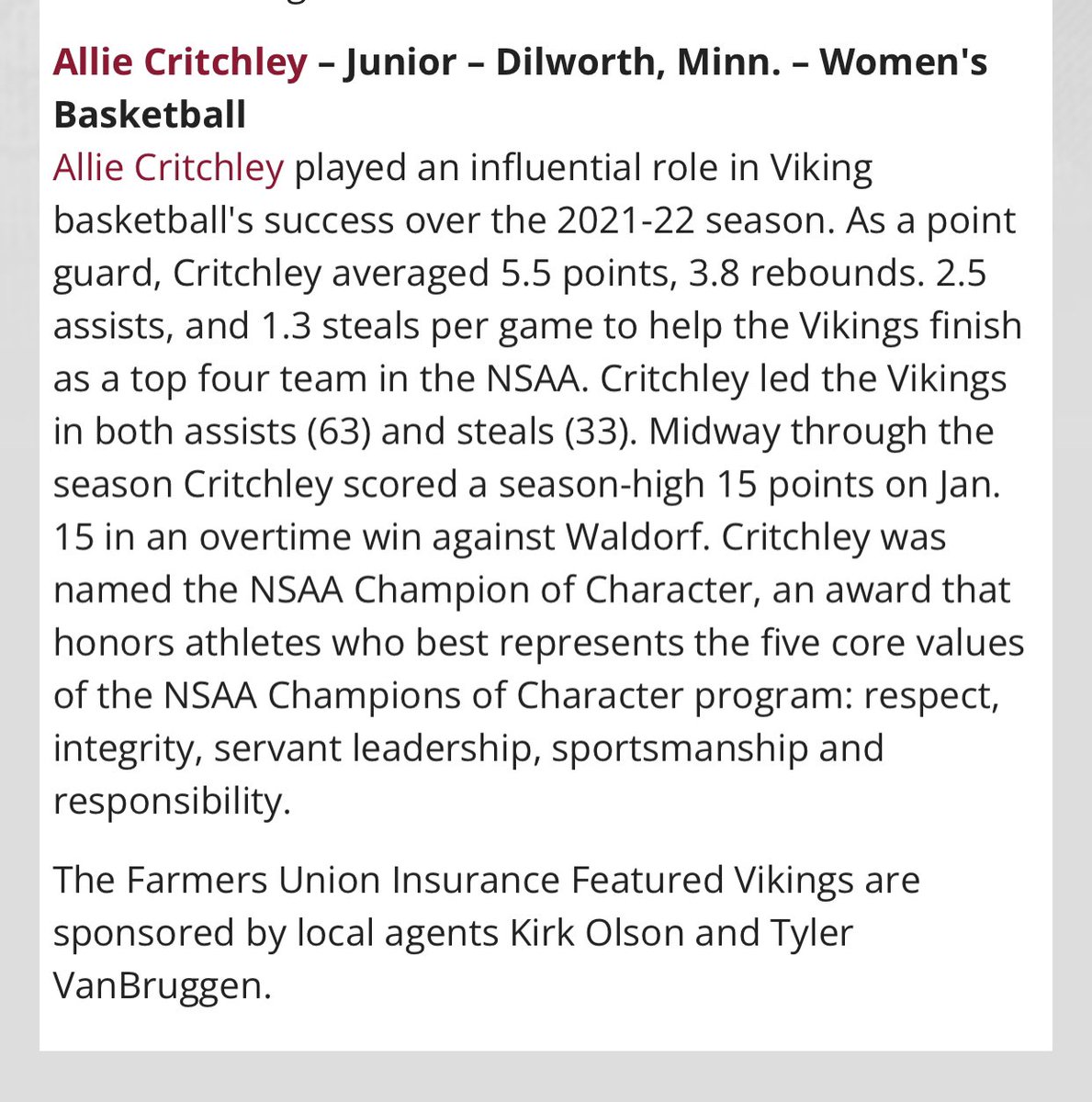 Always very proud of this young lady! The Champions of Character of award describes her perfectly! She is and has always been a great teammate and leader.