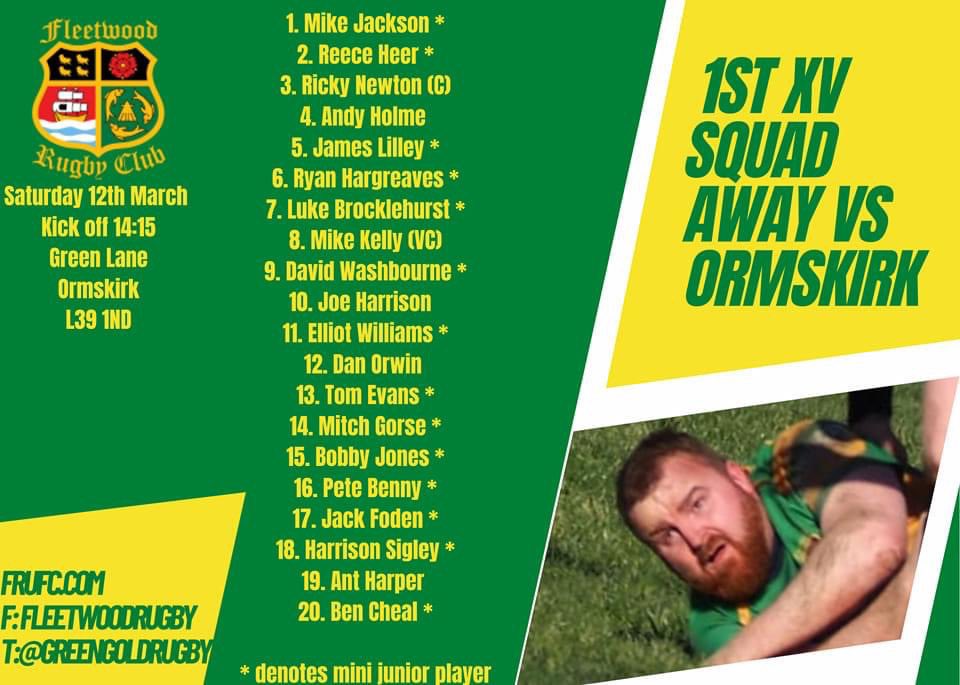 1st XV squad announced for tomorrows away fixture at <a href="/OrmskirkRugby/">Ormskirk Rugby</a> KO 14:15