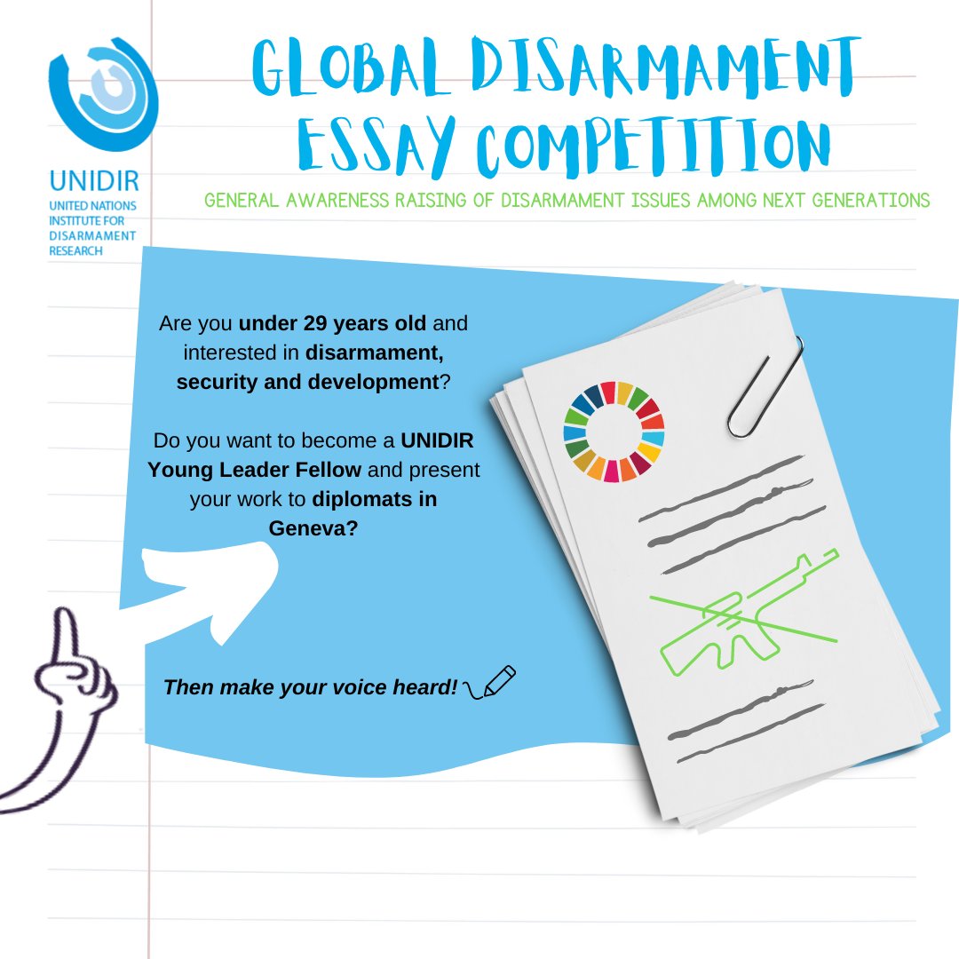 UNIDIR's tweet photo. Are you under 29 years old and interested in disarmament, security and development? 🌐

@UNIDIR's Global Disarmament Essay Competition is open for applications until 15 April!✍🏽⏳

The winner will get the opportunity to present their work in Geneva!🇨🇭🏛🇺🇳

https://t.co/DCzXFa8pXm https://t.co/JMdgxHdP1s