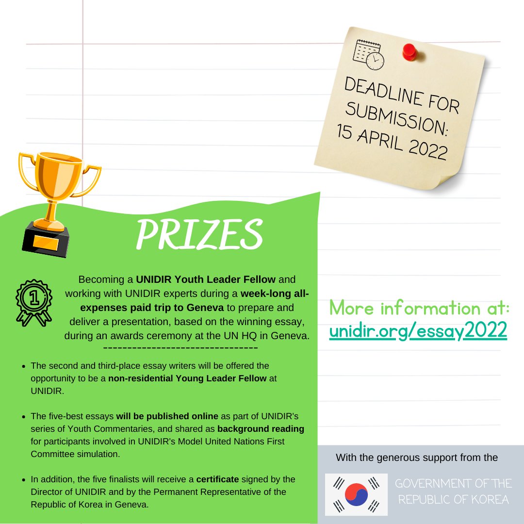 Are you under 29 years old and interested in disarmament, security and development? 🌐

<a href="/UNIDIR/">United Nations Institute for Disarmament Research</a>'s Global Disarmament Essay Competition is open for applications until 15 April!✍🏽⏳

The winner will get the opportunity to present their work in Geneva!🇨🇭🏛🇺🇳

unidir.org/essay2022